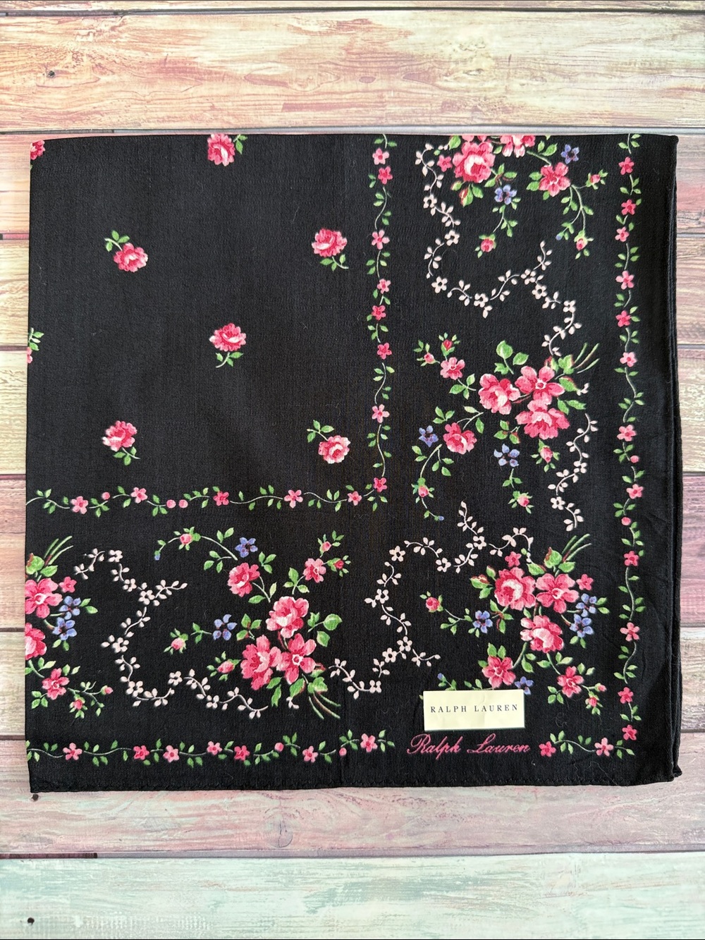 Ralph Lauren Black Floral cotton handkerchief with Pink & Green Blooms